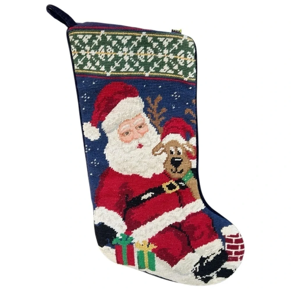 Handcrafted Needlepoint Christmas Stockings Santa Dog Angel Peace Blue Red 11x18